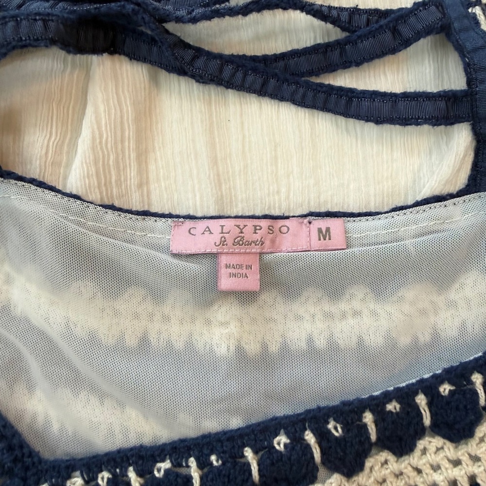 Calypso‎ St Barth Crochet Gauze Tank Top M Lace Up Back White Navy Boho Coastal - Picture 7 of 10